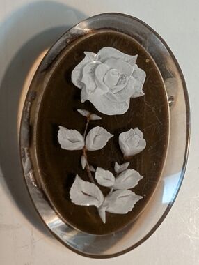 Vintage Gem-Tone Hand Carved White Rose Flower Brooch Pin, Brown Background